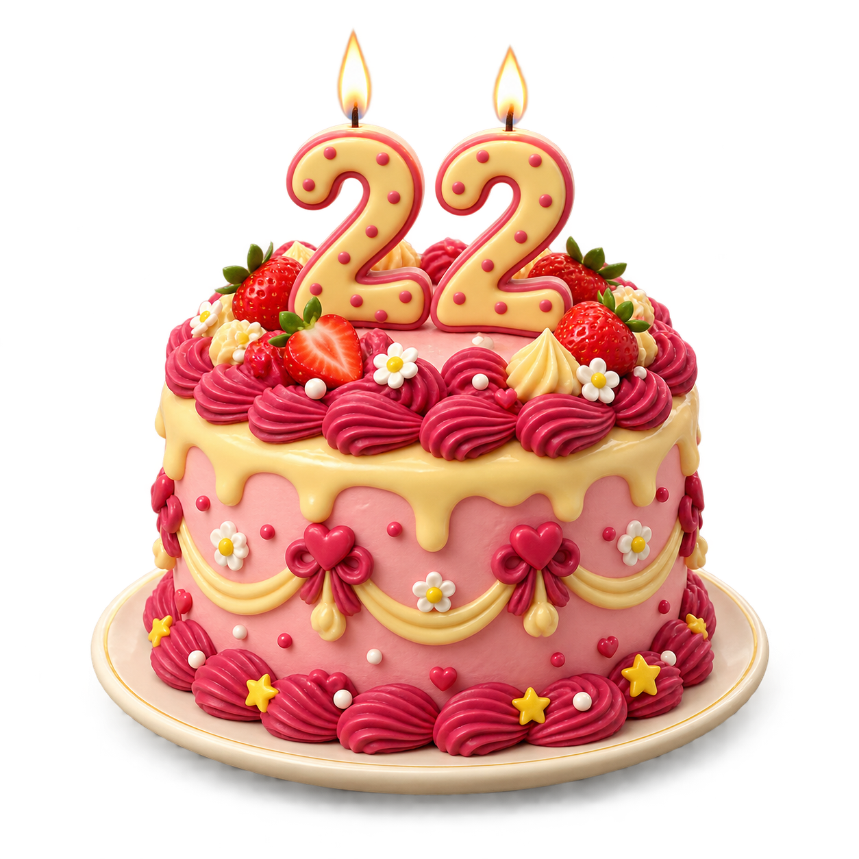 Pink birthday cake with glowing 22 candles